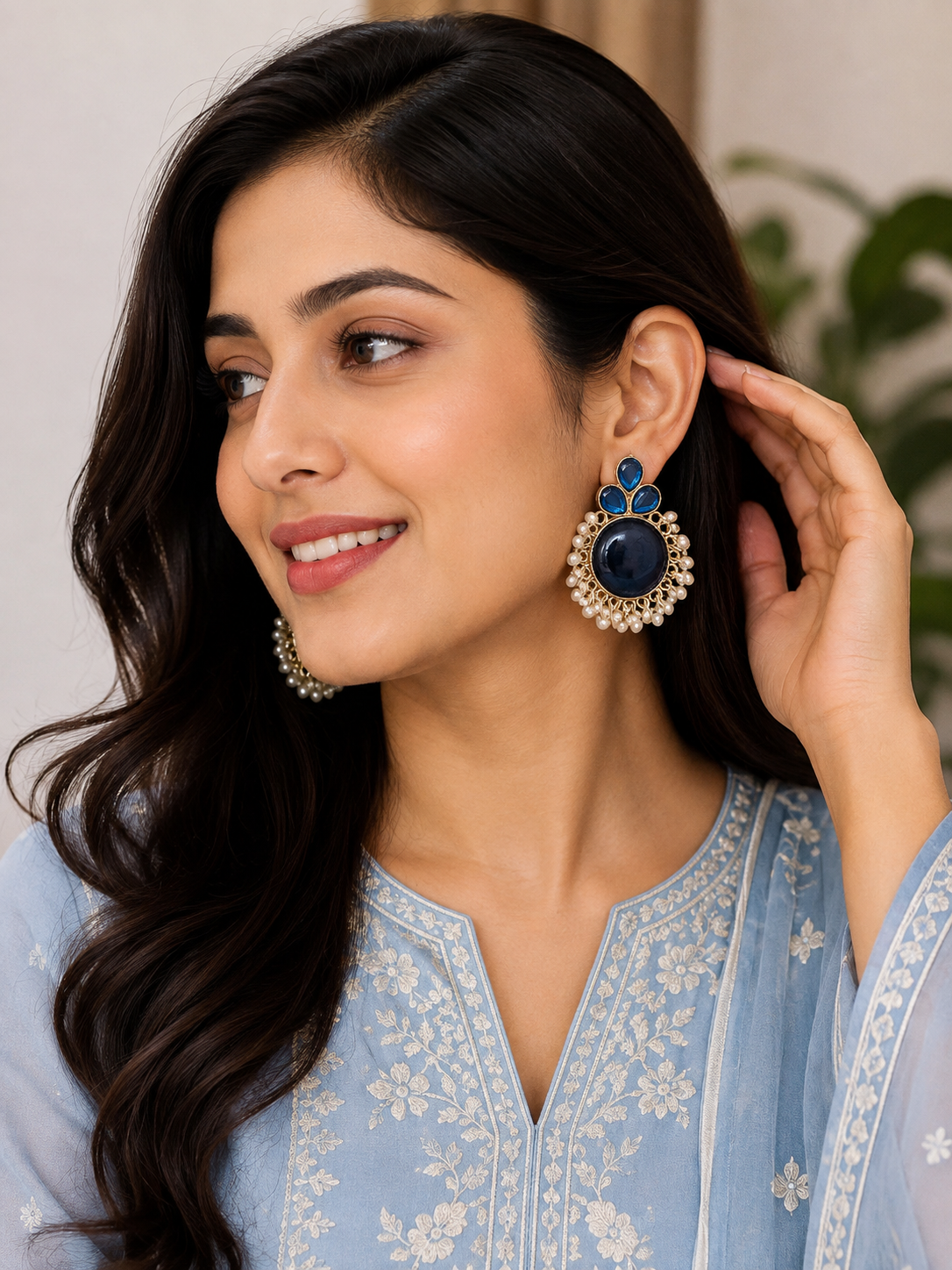Red Stone Pearl Chandbali Earrings