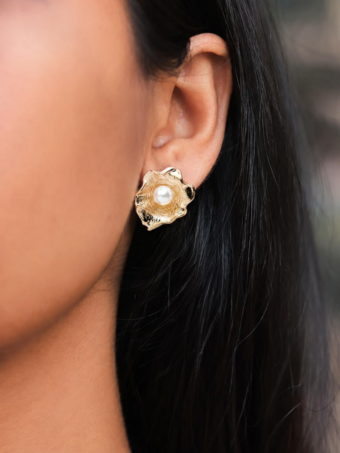 Pearl Bloom Gold Flower Stud Earrings