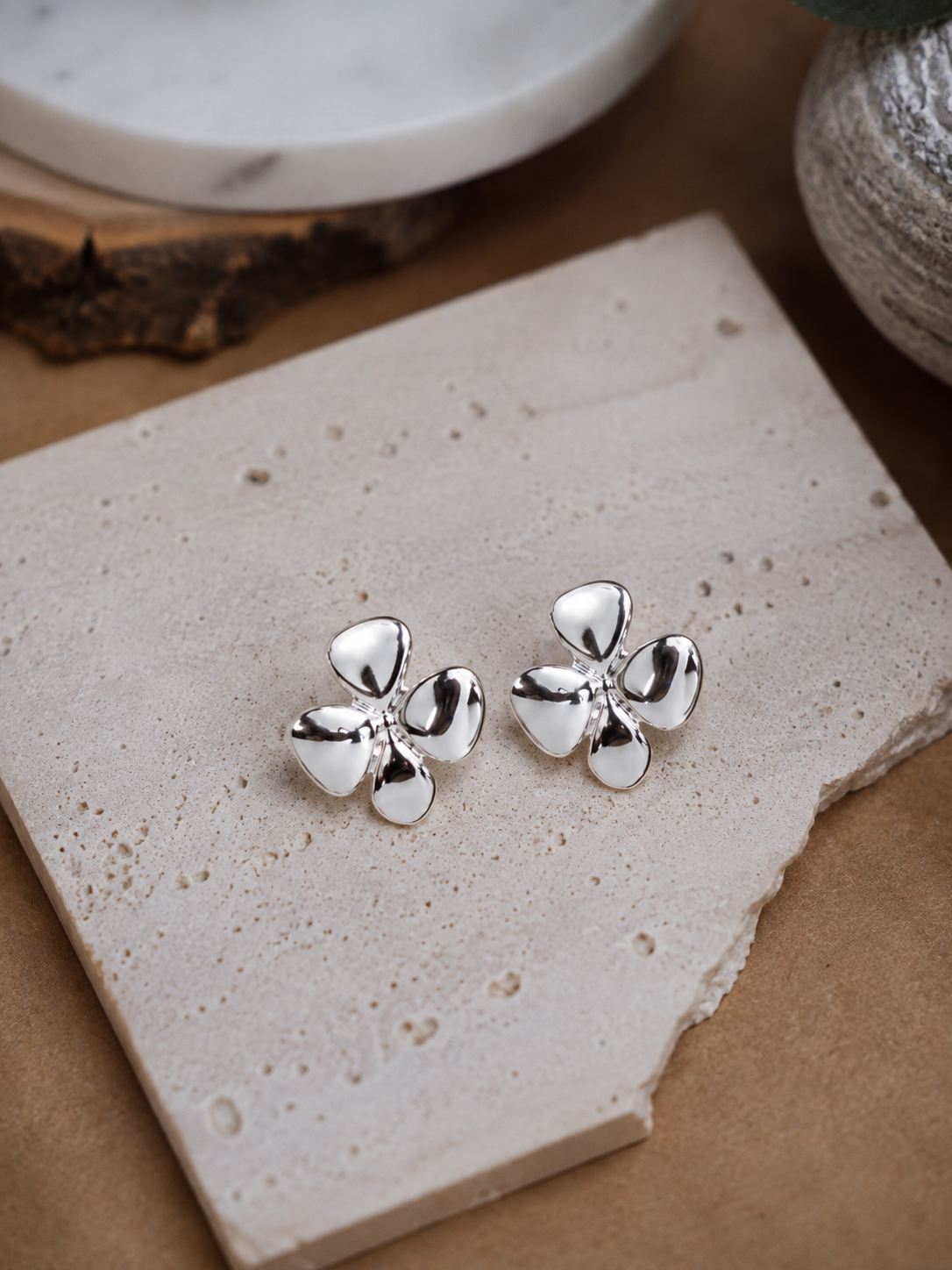Silver Clover Bloom Stud Earrings