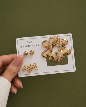 Golden Floral & Butterfly Stud Earrings Set