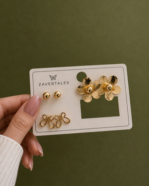 Golden Floral & Butterfly Stud Earrings Set