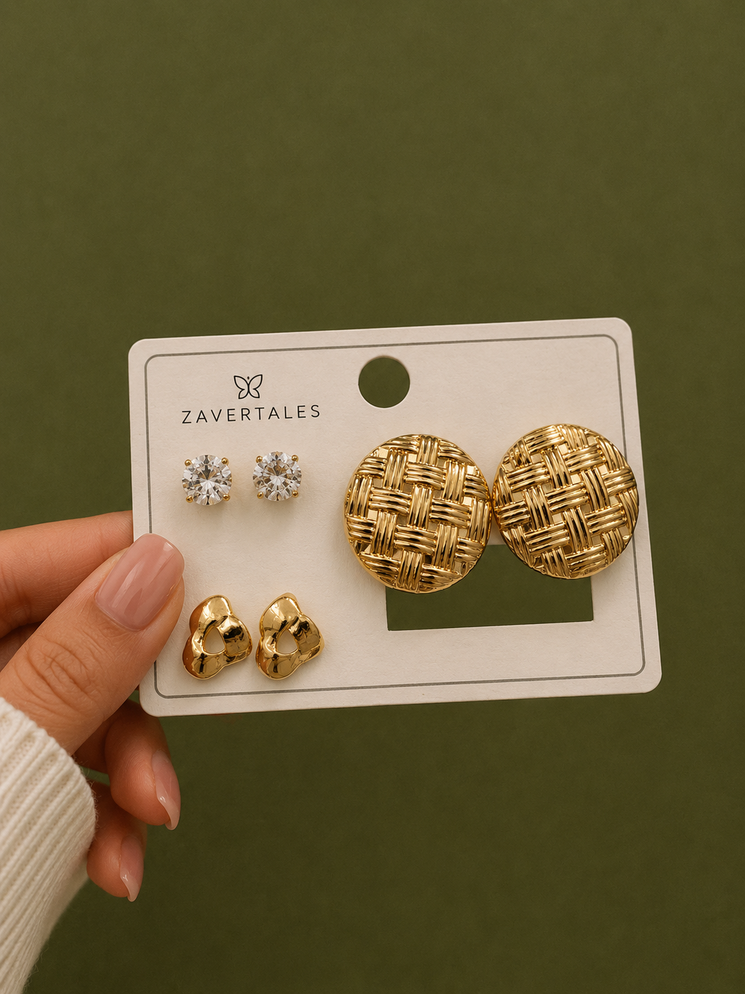 ZAVERTALES 3-in-1 Gold Textured & Crystal Stud Earring Set