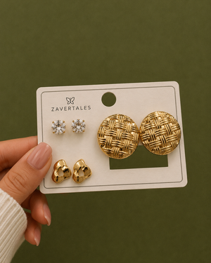 ZAVERTALES 3-in-1 Gold Textured & Crystal Stud Earring Set