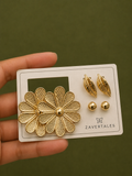 ZAVERTALES 3-in-1 Golden Floral Statement Earring Set
