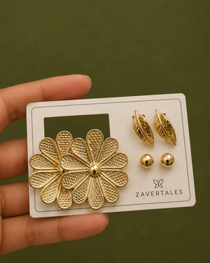 ZAVERTALES 3-in-1 Golden Floral Statement Earring Set