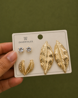 Zavertales Golden Leaf 3-Piece Earrings Set