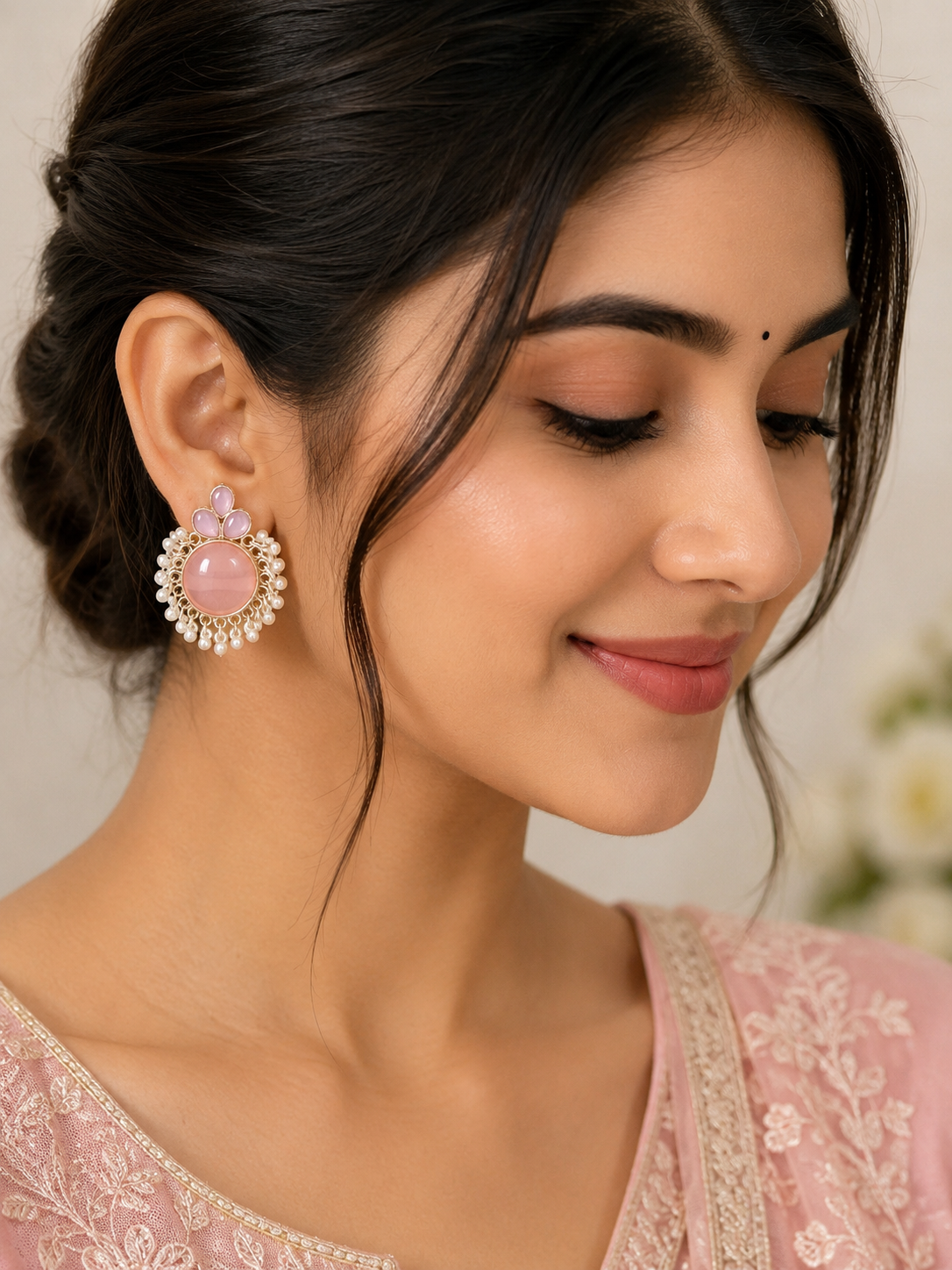 Red Stone Pearl Chandbali Earrings