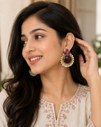 Red Stone Pearl Chandbali Earrings