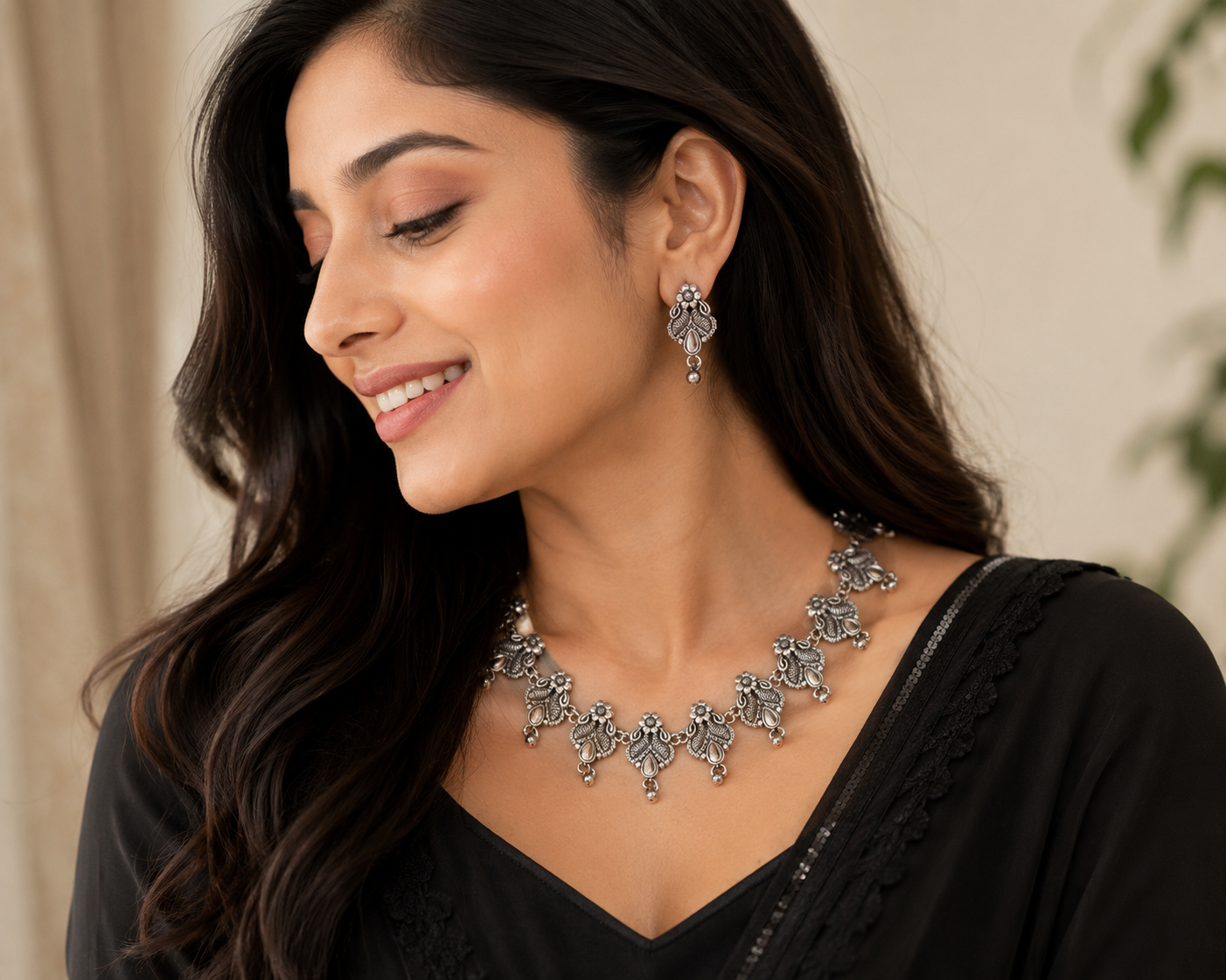 Oxidized Silver Floral Choker Necklace Set