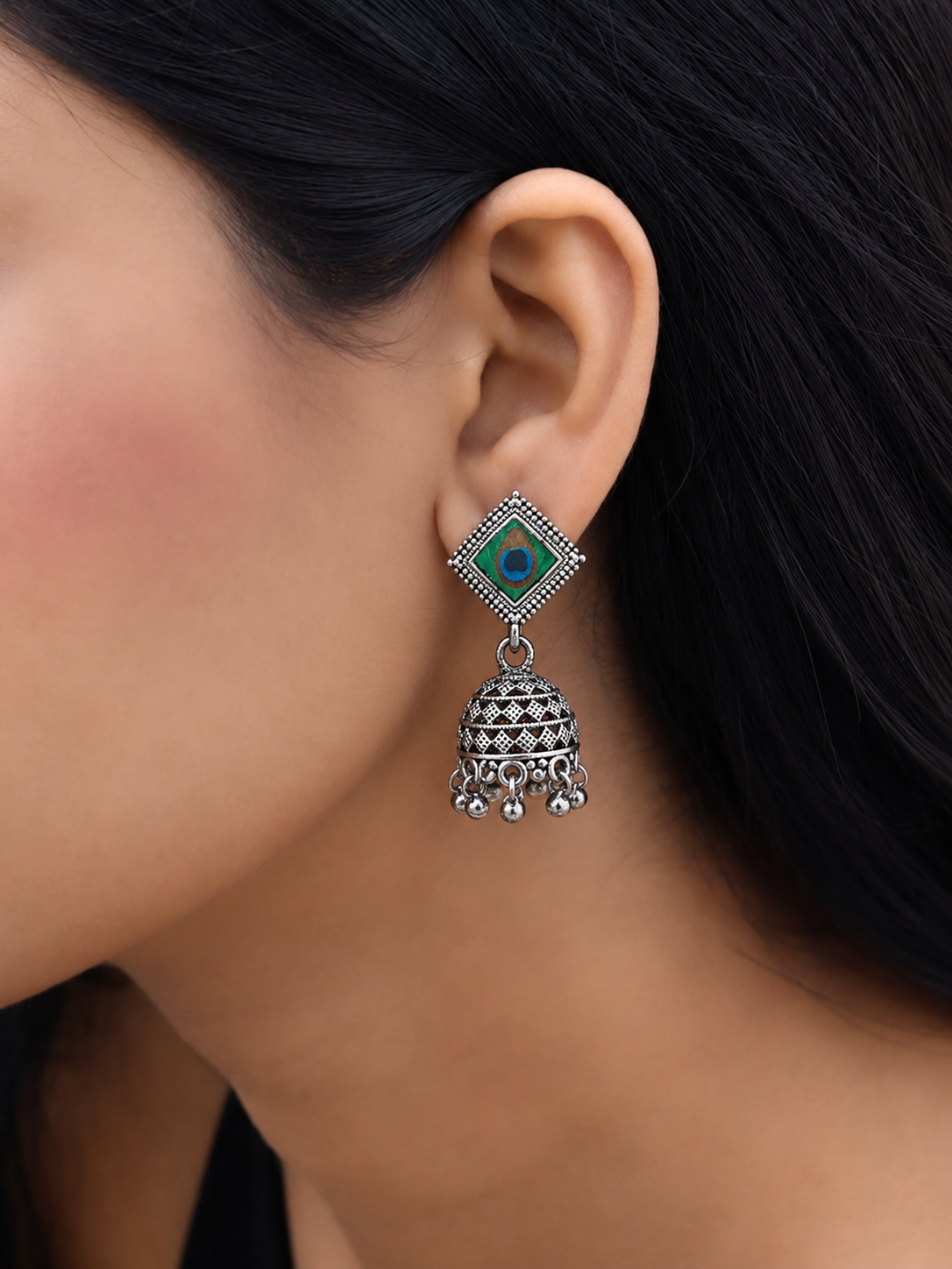 Oxidized Peacock Jhumka Earrings.