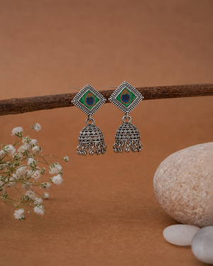 Oxidized Peacock Jhumka Earrings.