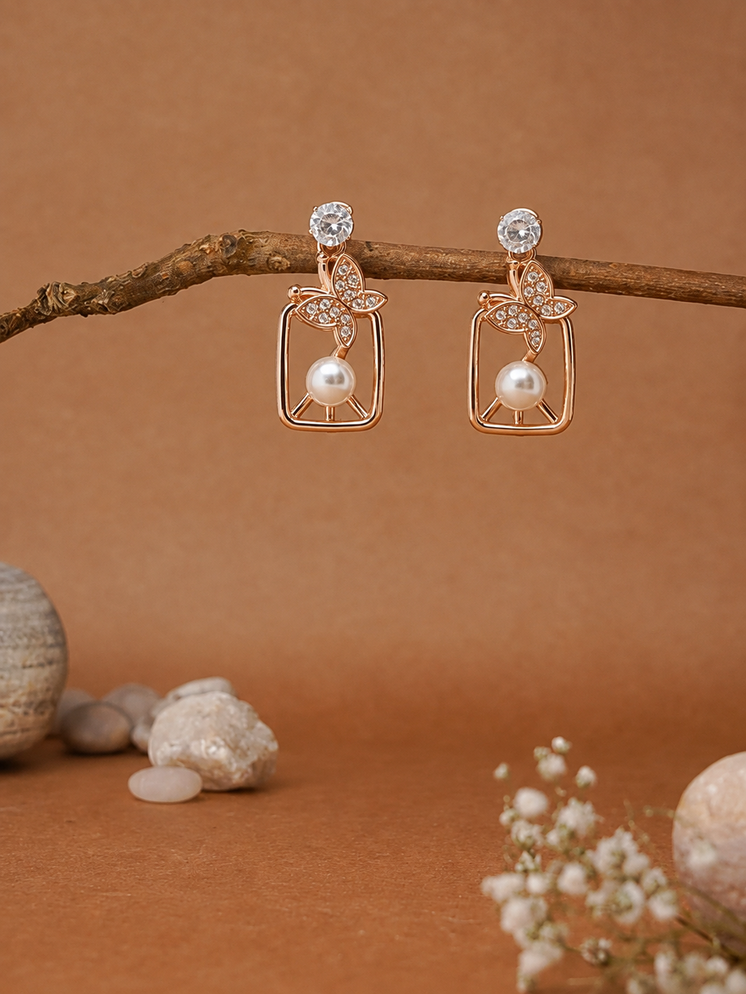 Rose Gold Butterfly Pearl Drop Earrings for Women