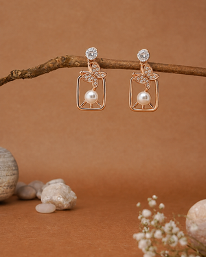 Rose Gold Butterfly Pearl Drop Earrings for Women