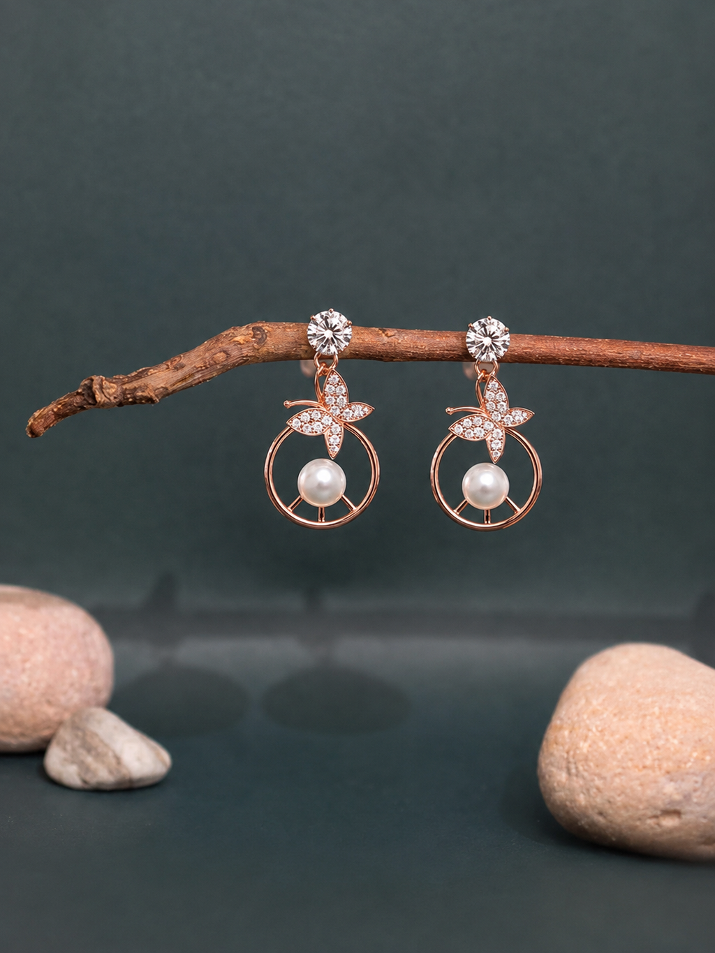 Rose Gold Butterfly Pearl Drop Earrings.