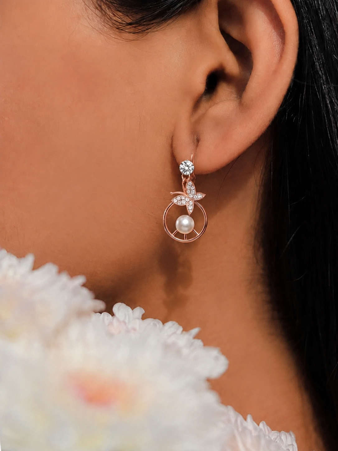 Rose Gold Butterfly Pearl Drop Earrings.