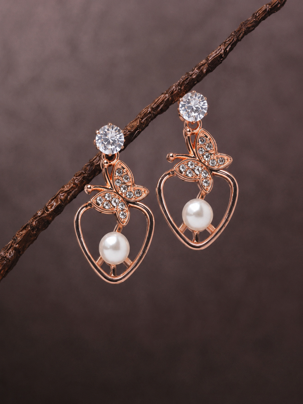 Rose Gold Butterfly Heart Pearl Drop Earrings