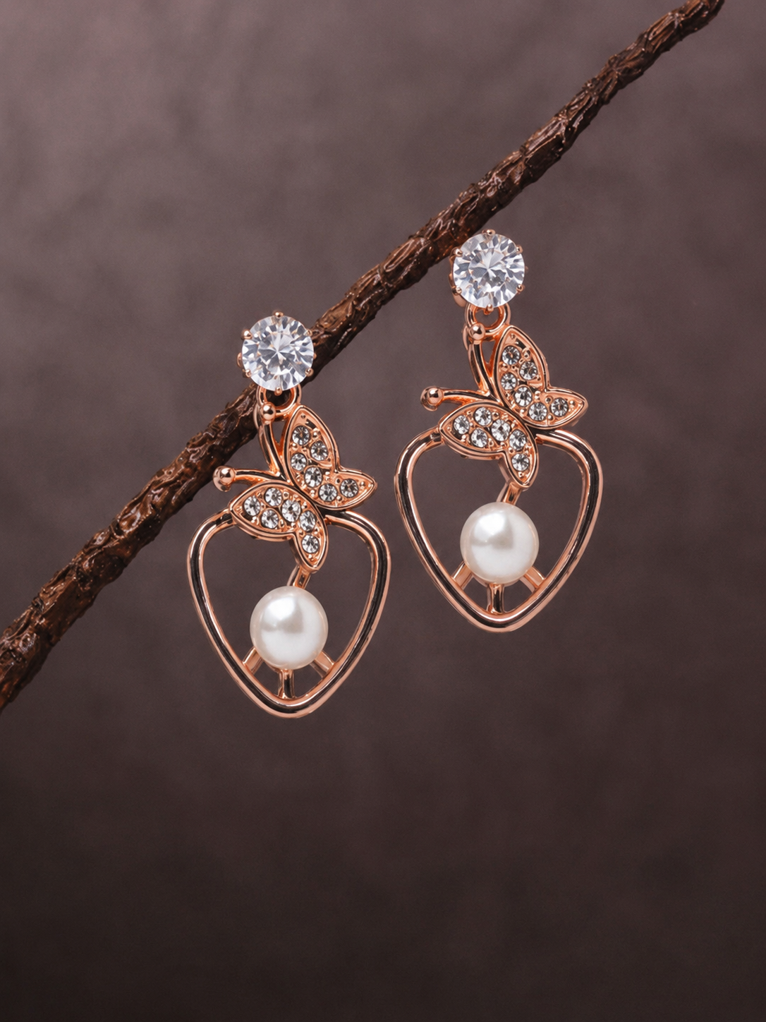 Rose Gold Butterfly Heart Pearl Drop Earrings
