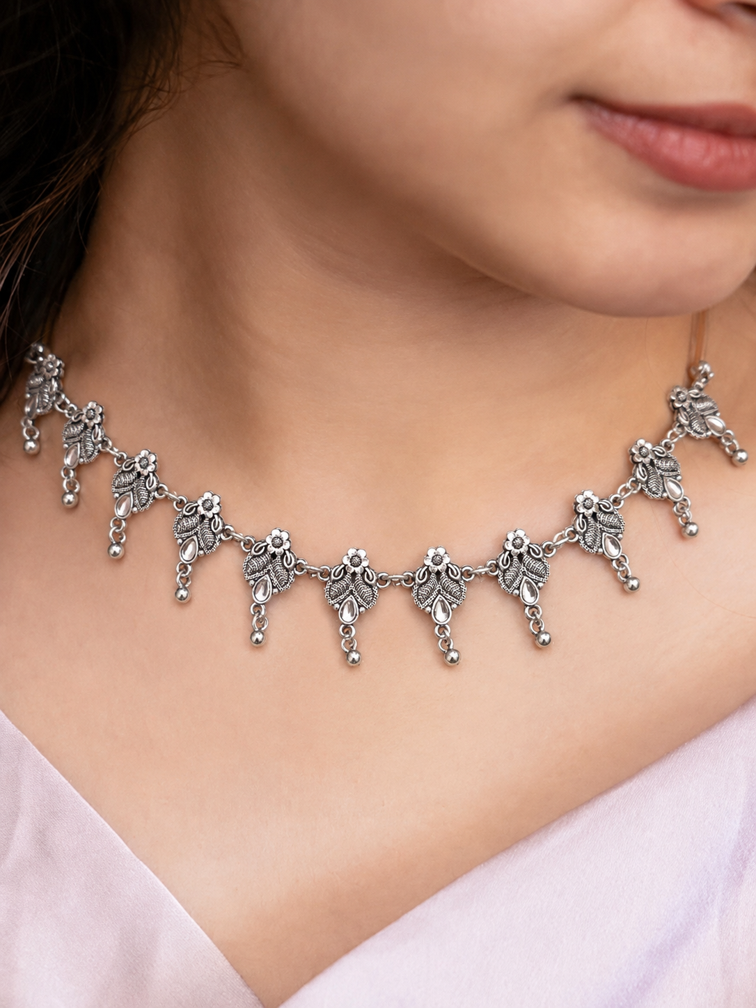 Oxidized Silver Floral Choker Necklace Set
