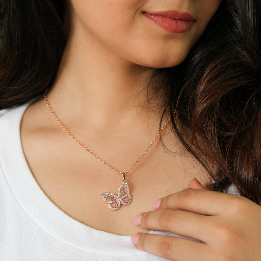 Rose Gold Butterfly Crystal Pendant Necklace