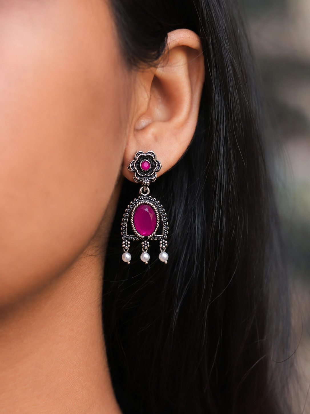 Oxidized Silver Stone Pearl Drop Earrings,