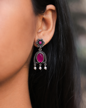 Oxidized Silver Stone Pearl Drop Earrings,