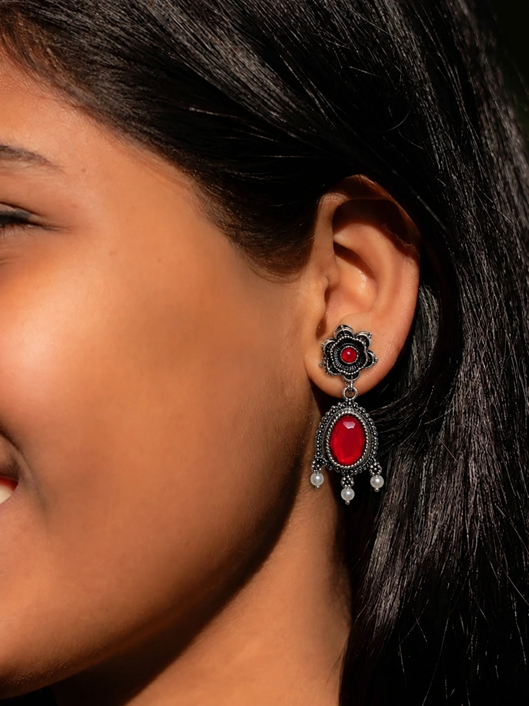 Oxidized Silver Stone Pearl Drop Earrings,