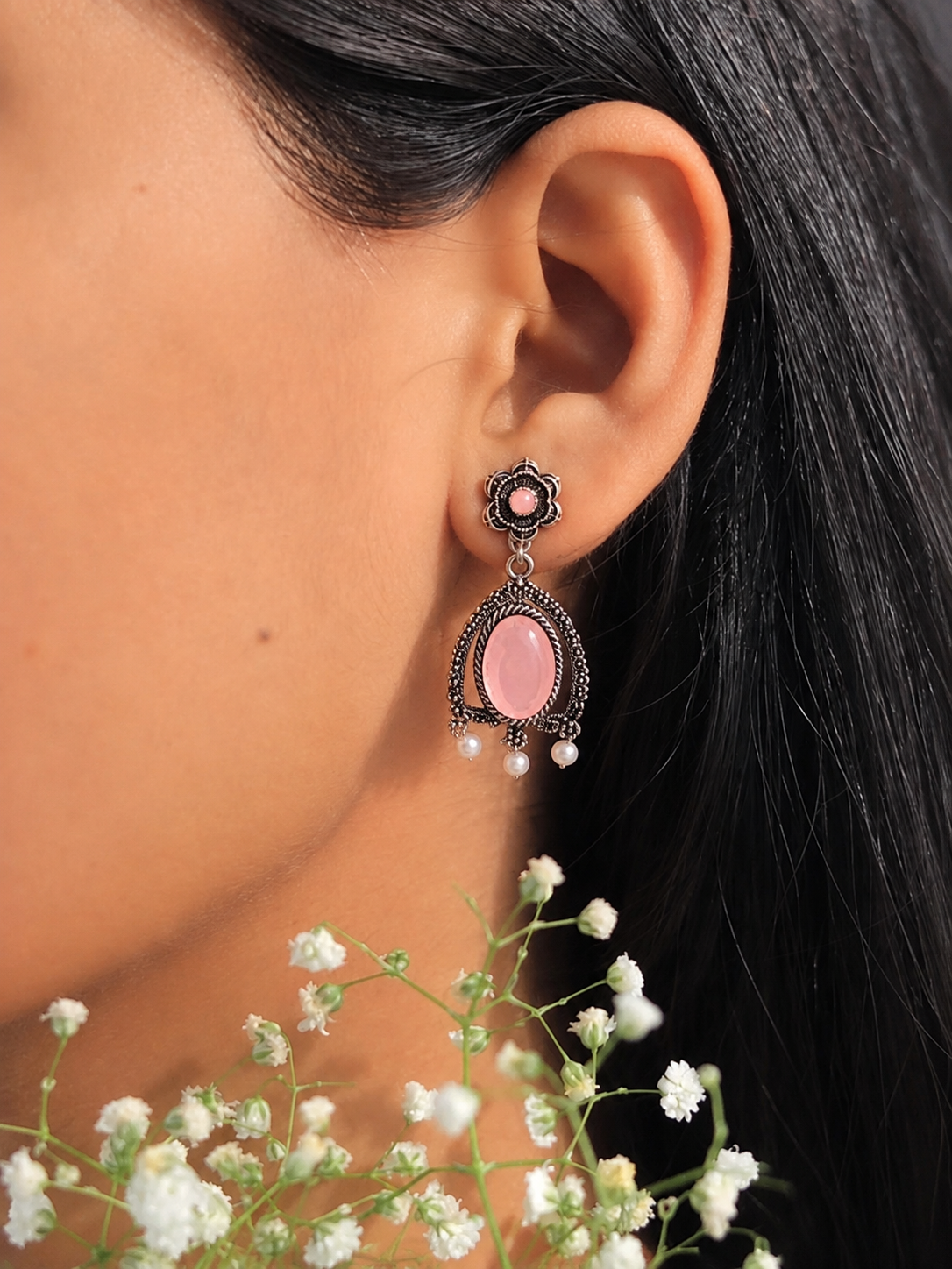 Oxidized Silver Stone Pearl Drop Earrings,