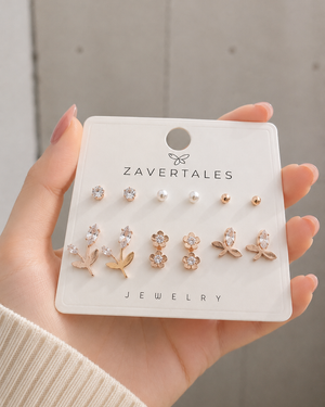 Rose Gold Leaf & Pearl Stud Earrings Combo for Women & Girls – 6 Pairs