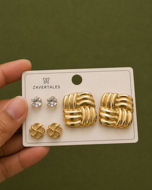 Elegant Gold-Tone Knot & Crystal Stud Earrings Set