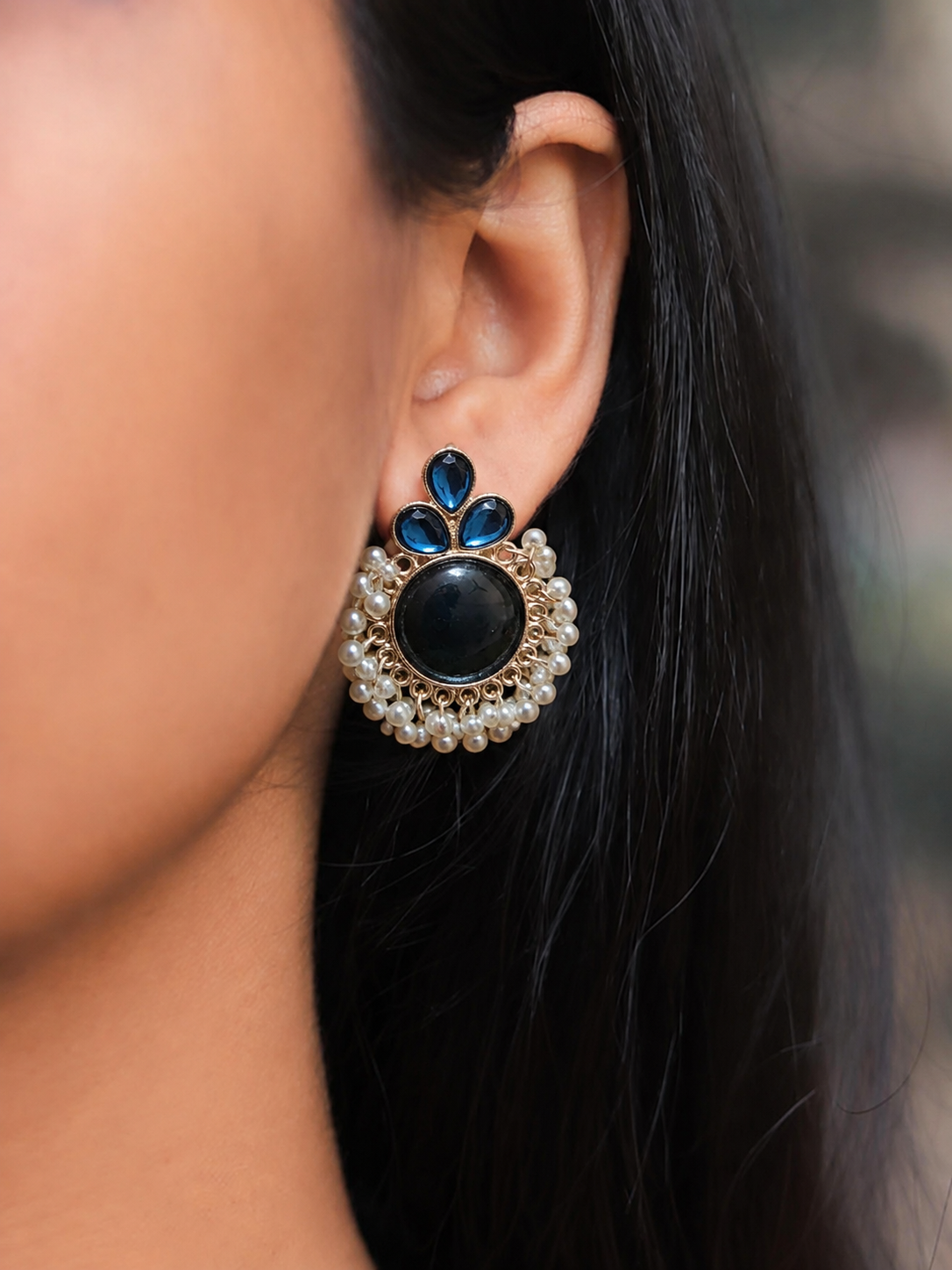 Red Stone Pearl Chandbali Earrings