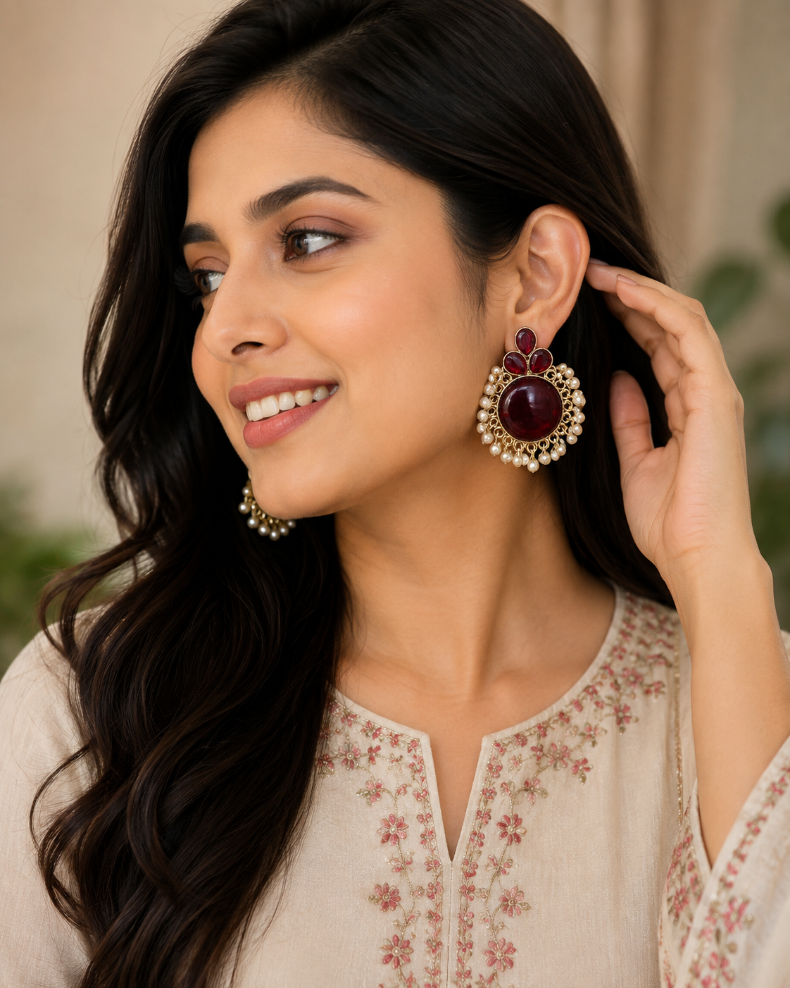 Red Stone Pearl Chandbali Earrings