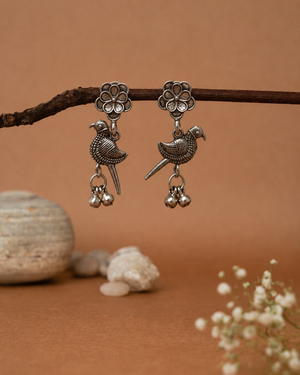 Oxidized Silver Bird Drop Earrings