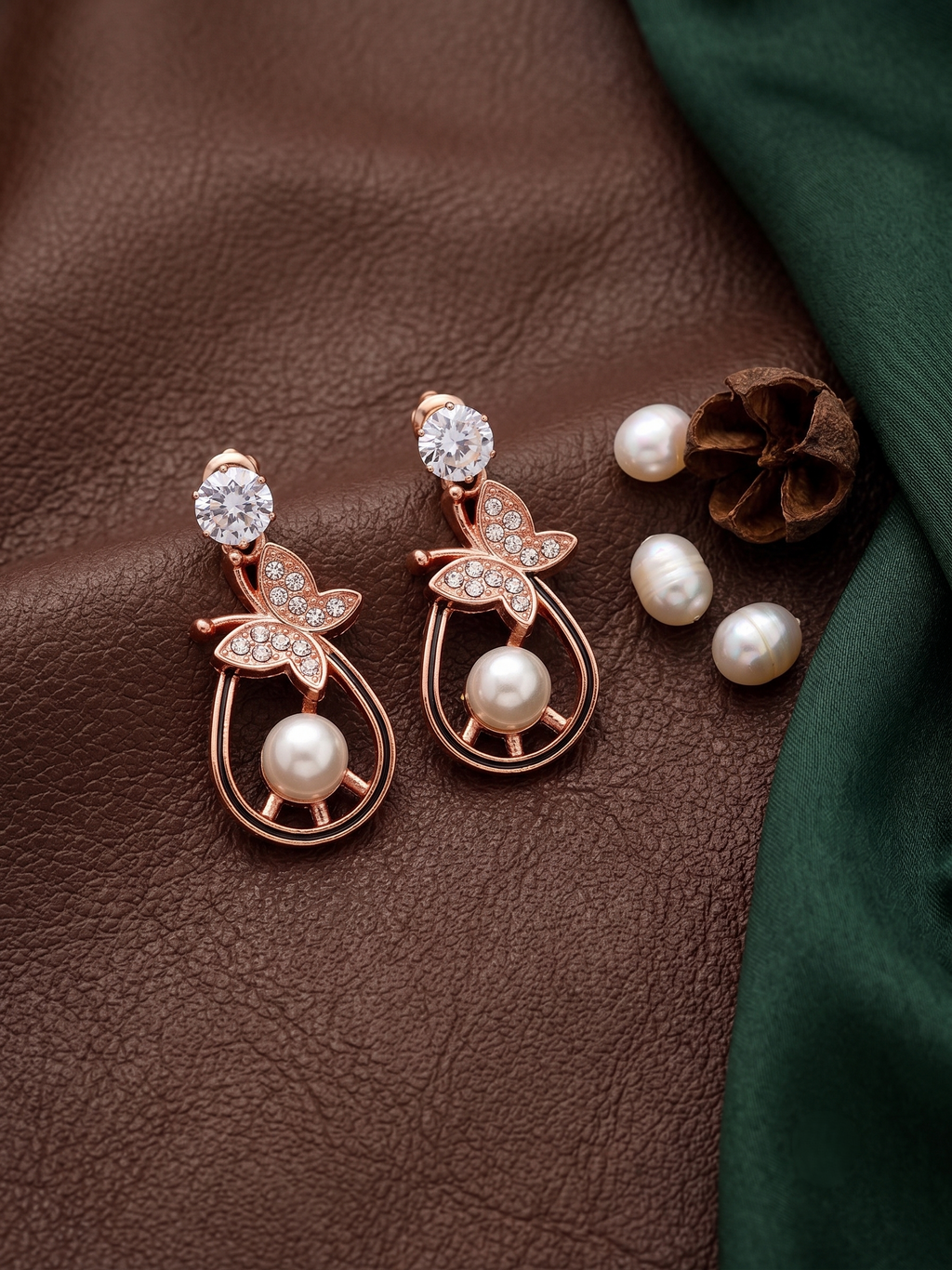 Rose Gold Butterfly Pearl Drop Earring