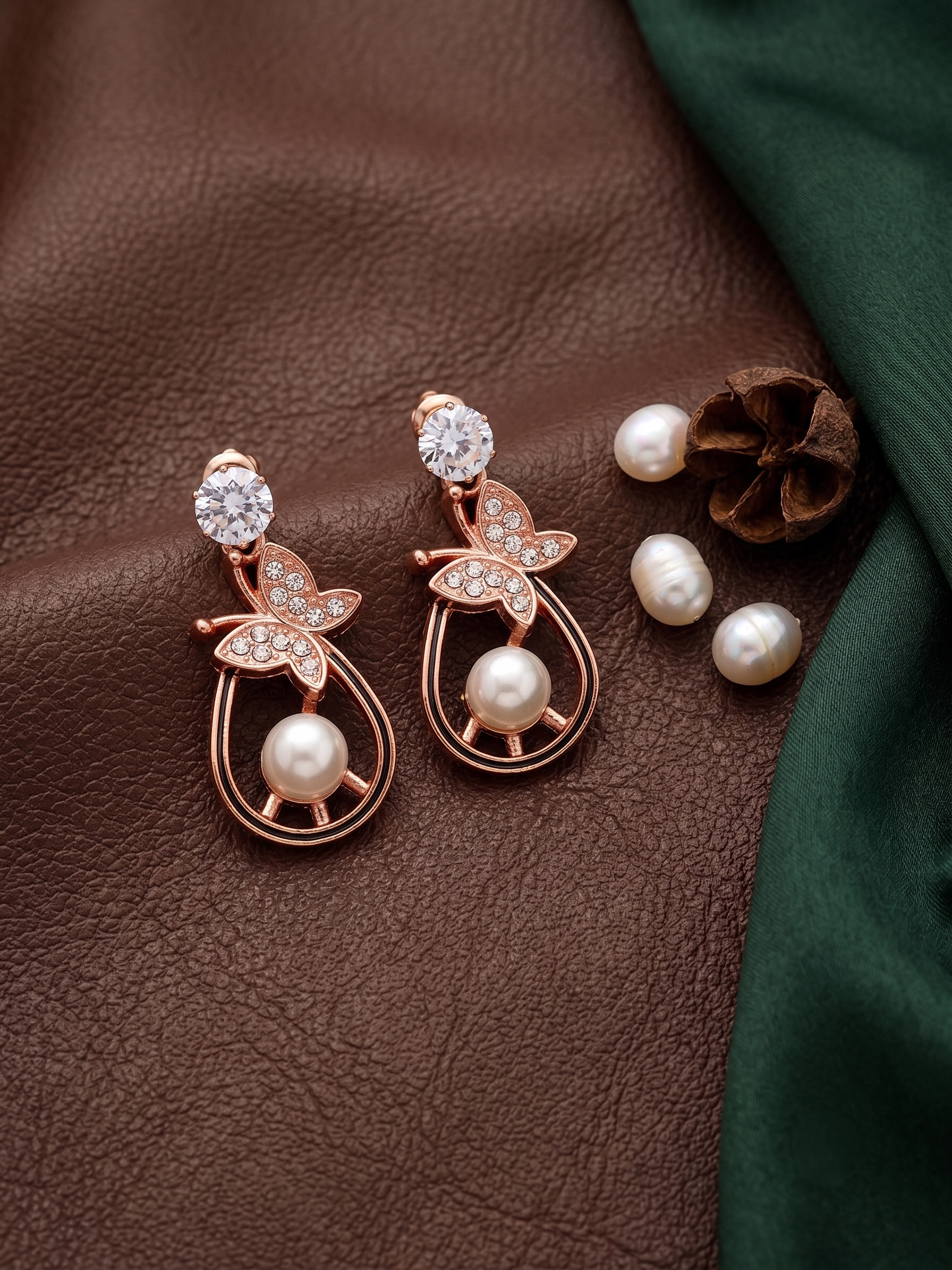 Rose Gold Butterfly Pearl Drop Earring